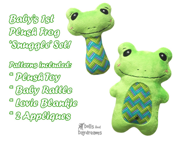 Kawaii cute Frog Neutral Baby Lovie Blanket, Plush Toy, Rattle & Applique Plush Set Sewing Patterns by dolls and daydreams