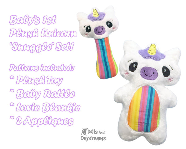 Babys Unicorn Snuggle Machine Embroidery In The Hoop Pattern Set by dolls and daydreams DIY plush toy rattle blamkie lovie  Baby Shower stuffie softie Gift