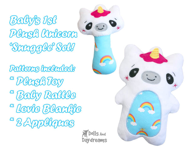 Babys 1st Plush Toy Unicorn Snuggle PDF Sewing Pattern Set by dolls and daydreams rattle plush DIY Baby Shower Gift