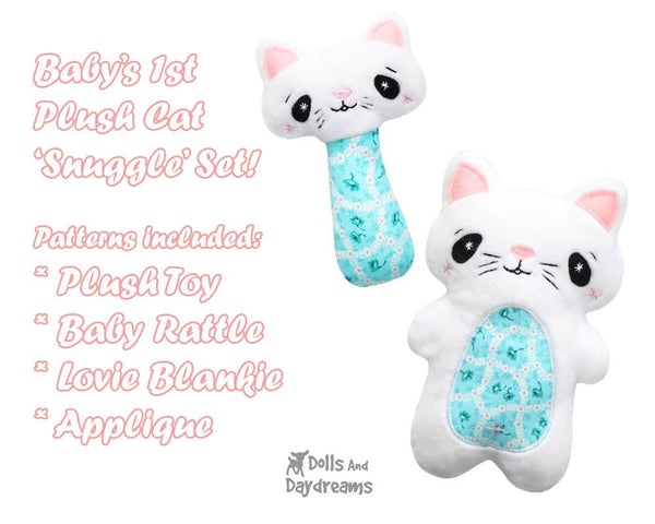 cat kitten Baby Lovie Blanket Plush Toy Rattle  & Applique Plush Set PDF Sewing Patterns by dolls and daydreams DIY blankie