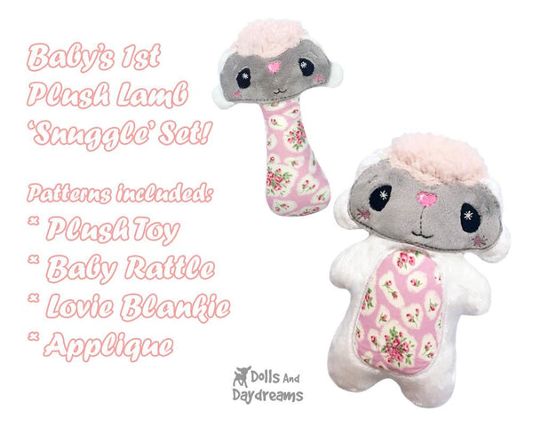 Babys 1st Plush Toy Lamb Snuggle Machine Embroidery In The Hoop Pattern Rattle lovie toy blanket Set by dolls and daydreams DIY Baby Shower Gift