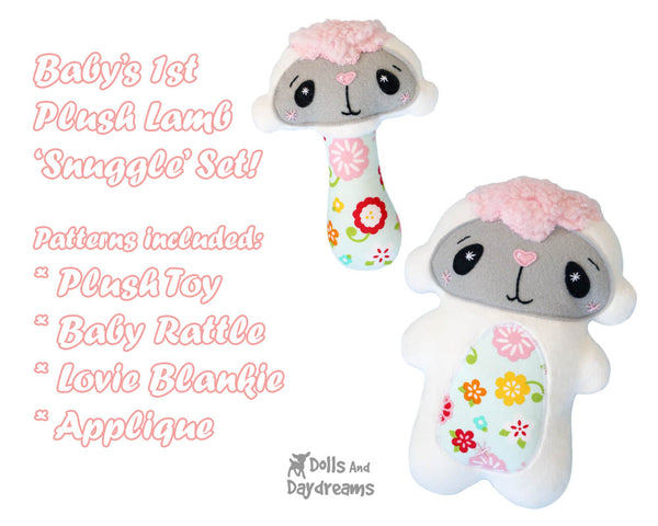 Plush Toy Lamb Snuggle PDF Sewing Pattern rattle toy lovie Set by dolls and daydreams DIY Baby Shower Gift