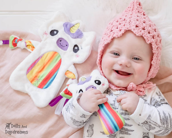 Babys 1st Plush Toy Unicorn Snuggle PDF Sewing Pattern Set by dolls and daydreams rattle blanket DIY Baby Shower Gift