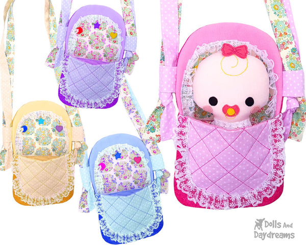 Cute Carry Cot Bassinet Baby Doll Tote Sewing Pattern by Dolls And Daydreams DIY little girl doll bag gift