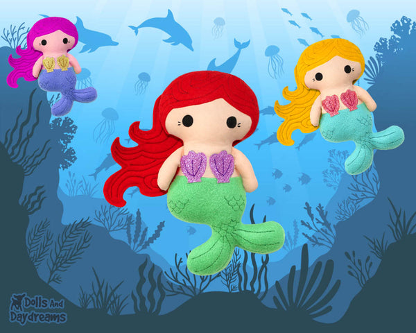 Tiny Mermaid  fabric Doll Sewing Pattern by Dolls And Daydreams small sew easy DIY kawaii cute little plush pdf