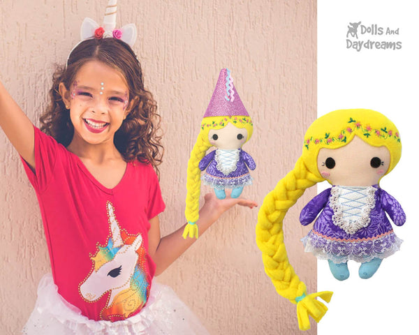 Rapunzel PDF Cloth Doll Sewing Pattern by Dolls And Daydreams small fabric DIY kawaii cute Fairy Tale Tangled plush 