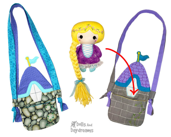 Castle In The Hoop Machine Embroidery Tiny Tower Turret Tote Pattern by Dolls And Daydreams ITH DIY cross body Childrens doll bag