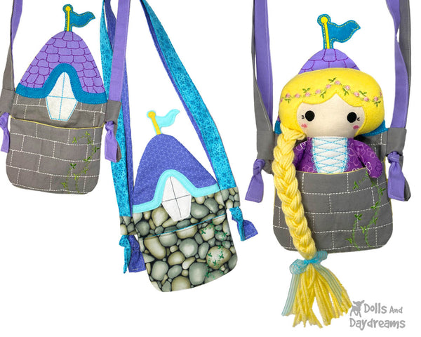 Castle In The Hoop Machine Embroidery Tiny Tower Turret Tote Doll Pattern by Dolls And Daydreams ITH DIY cross body Rapunzel doll bag