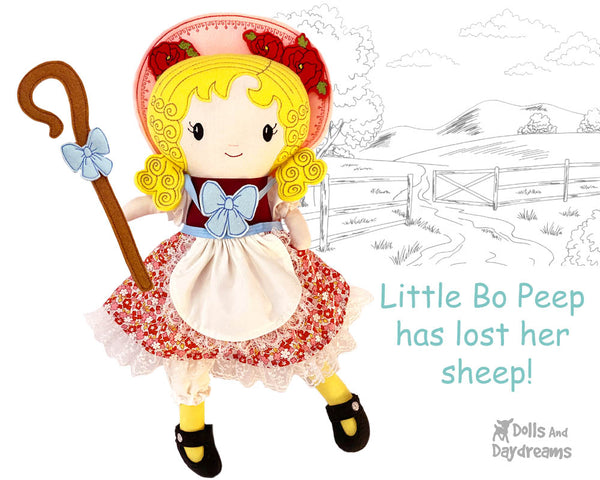 Bo Peep Nursery Rhyme Cloth doll Pattern machine embroidery doll by dolls and daydreams diy kids fabric dolly