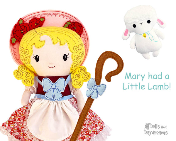 Bo Peep Nursery Rhyme Cloth doll Pattern machine embroidery doll by dolls and daydreams diy in the hoop fabric dolly