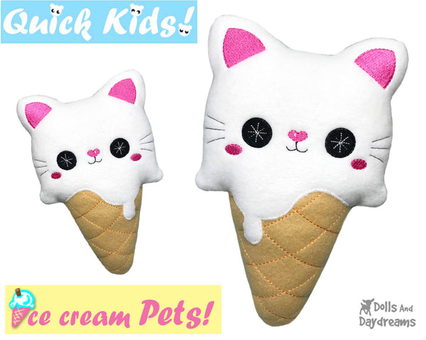 ITH Quick Kids Ice Cream Cat Pattern In The Hoop Machine Embroidery kawaii plush diy  by Dolls and Daydreams