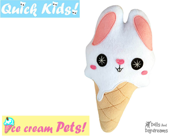 Quick Kids Ice Cream Bunny Sewing Pattern PDF  kawaii plush diy by Dolls and Daydreams