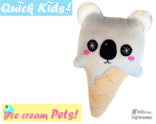 Quick Kids Ice Cream Koala Sewing Pattern PDF  kawaii plush diy by Dolls and Daydreams