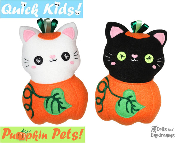 Quick Kids Pumpkin Kitty Cat Sewing Pattern PDF  kawaii plush diy by Dolls and Daydreams