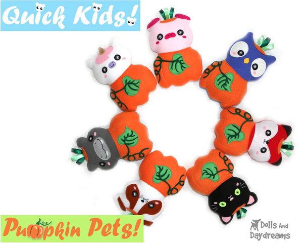 Quick Kids Pumpkin Pets Sewing Pattern PDF  kawaii plush diy by Dolls and Daydreams
