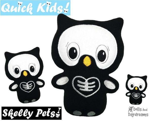 ITH Quick Kids Skelly Owl spooky Pattern in the hoop machine embroidery soft toy by dolls and daydreams