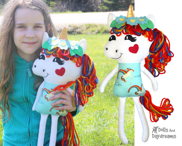 Yarn Hair Unicorn Softie Sewing Pattern DIY Kids Soft Toy by Dolls And Daydreams